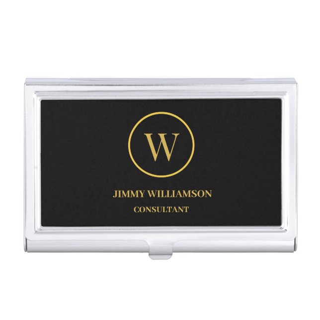 Modern Monogram Gold Black Business Card Case (Front)