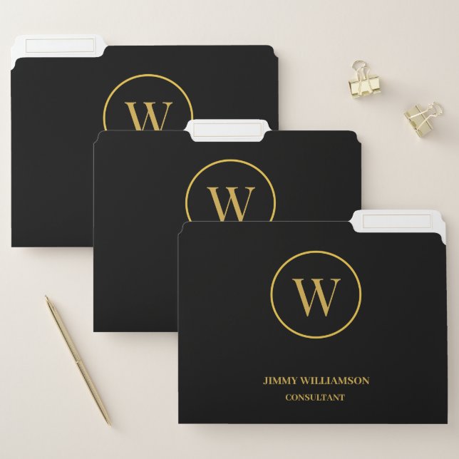 Modern Monogram Gold Black Business File Folder (Set)
