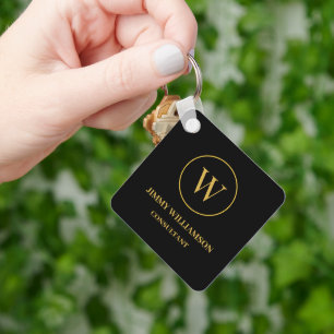 Modern Monogram Gold Black Business Keychain