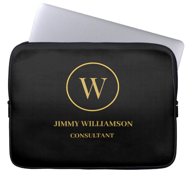 Modern Monogram Gold Black Business Laptop Sleeve (Front)