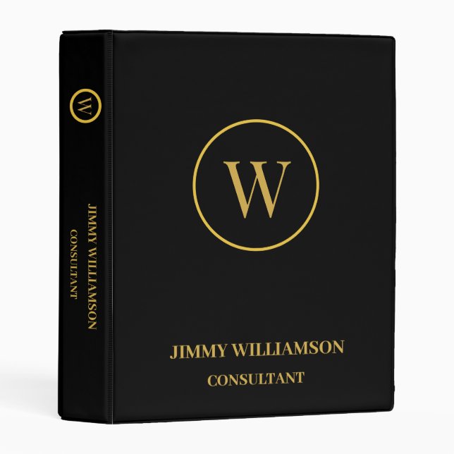 Modern Monogram Gold Black Business Mini Binder (Front/Spine)