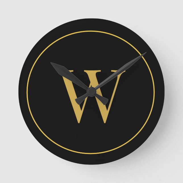 Modern Monogram Gold Black Business Round Clock (Front)