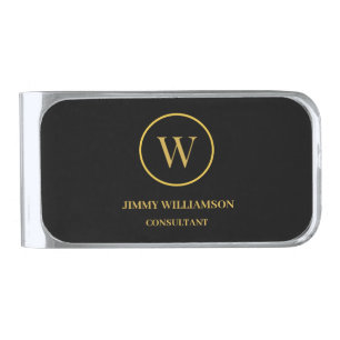 Modern Monogram Gold Black Business Silver Finish Money Clip