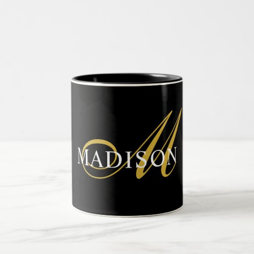 Modern Monogram Gold Black White Script Name Two_Tone Coffee Mug