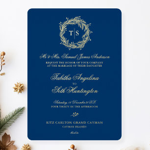 Modern Monogram Gold Blue Wedding Foil Invitation