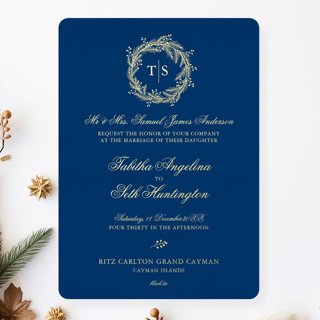 Modern Monogram Gold Blue Wedding Foil Invitation (Creator Uploaded)
