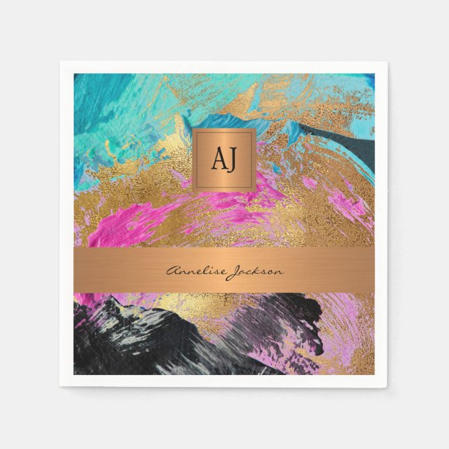 Modern monogram gold elegant abstract colorful napkins (Front)