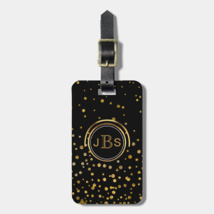 Modern Monogram Gold Glitter Confetti Dots Black Luggage Tag