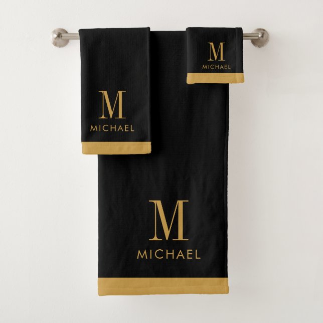 Modern Monogram Gold On Black Bath Towel Set (Insitu)