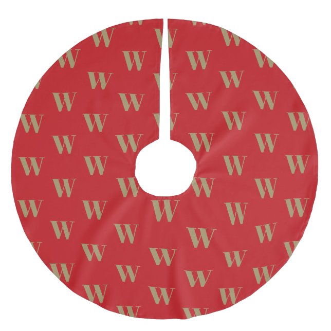 Modern monogram gold red custom initial letter brushed polyester tree skirt (Front)