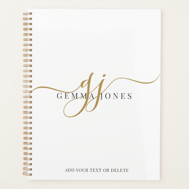Modern Monogram Gold Script Black Name White Planner (Front)