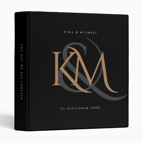 Modern Monogram Gold Script Black Wedding Album 3 Ring Binder