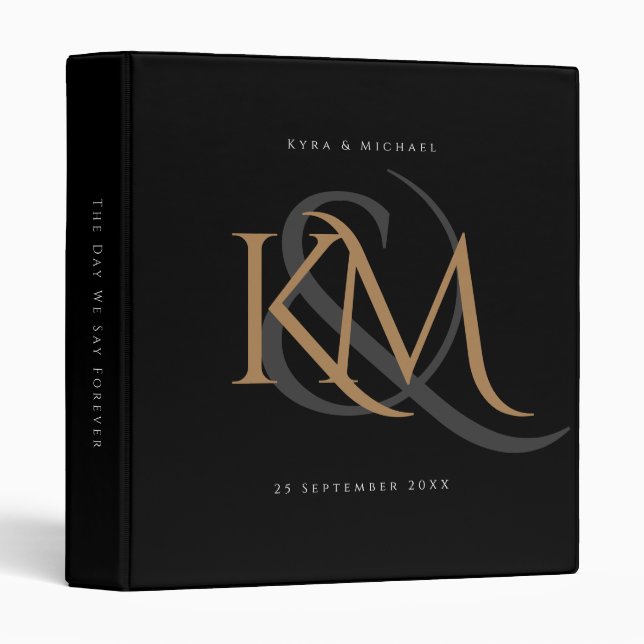 Modern Monogram Gold Script Black Wedding Album 3 Ring Binder (Front/Spine)