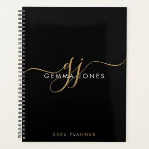 Modern Monogram Gold Script Initials Name Black  Planner