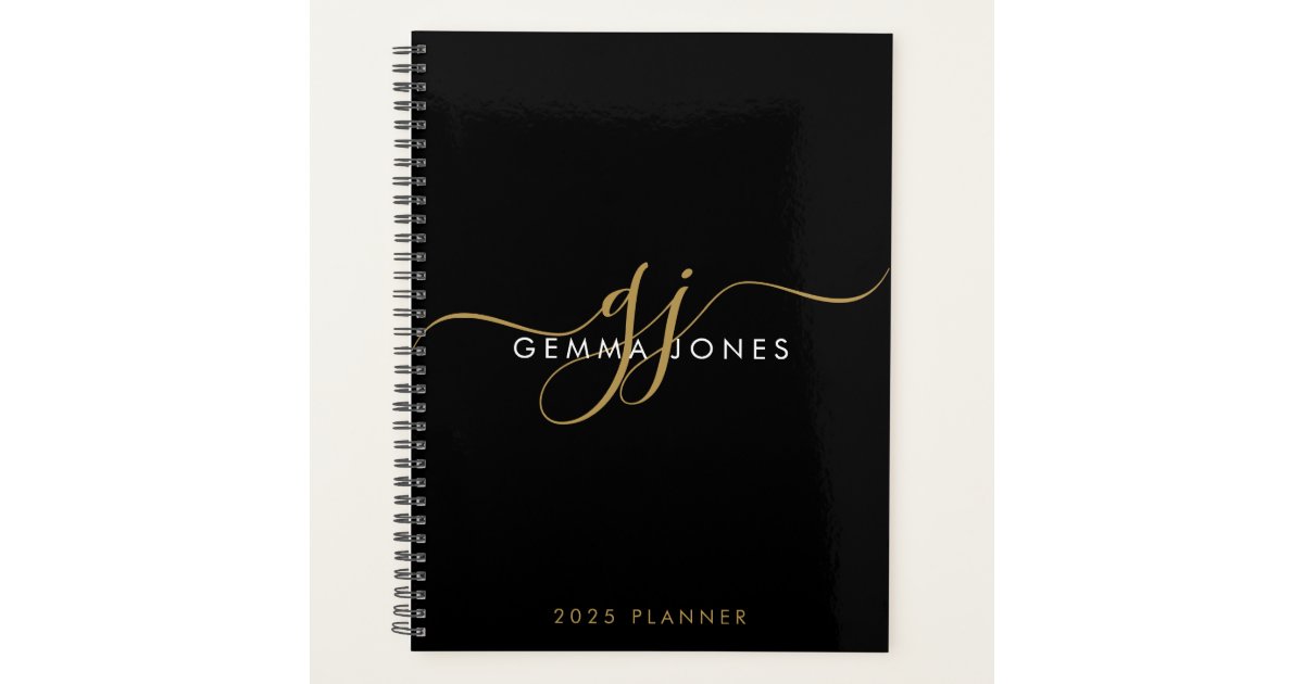 Modern Monogram Gold Script Initials Name Black Planner | Zazzle