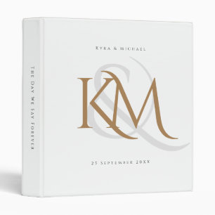 Modern Monogram Gold Script White Wedding Album 3 Ring Binder