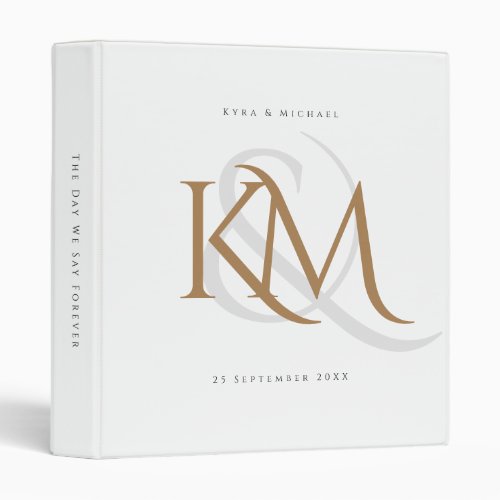 Modern Monogram Gold Script White Wedding Album 3 Ring Binder