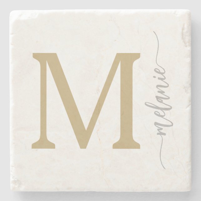 Modern Monogram Gold Silver Stone Coaster (Front)