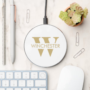 Modern monogram gold white name letter typography wireless charger