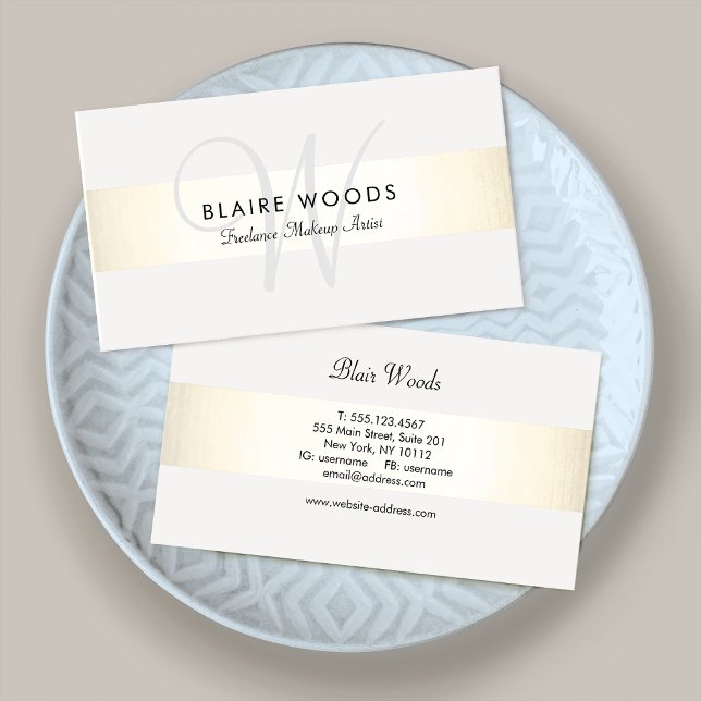 Modern Monogram Gold White Striped Business Card (Creator Uploaded)