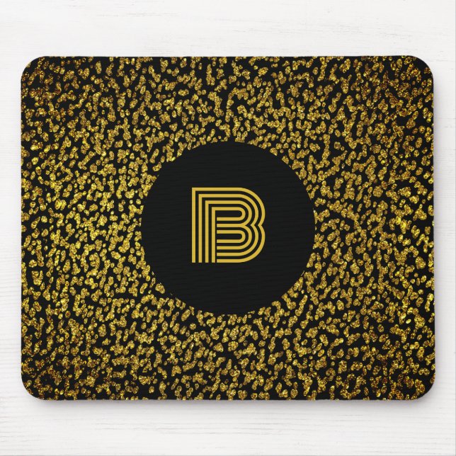 Modern monogram golden dots black mouse pad (Front)