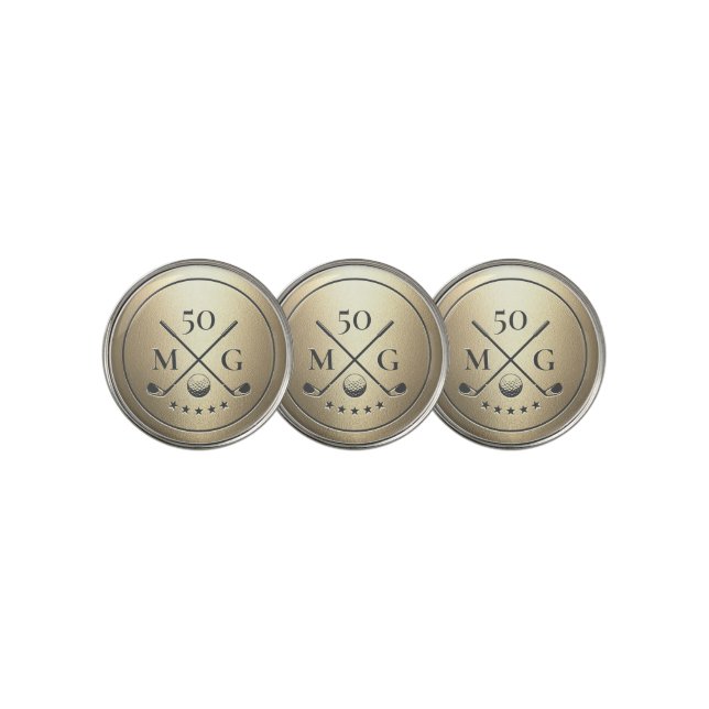 Modern Monogram Golf 40th 50th 60 Birthday Gold Ball Marker (3 Up)