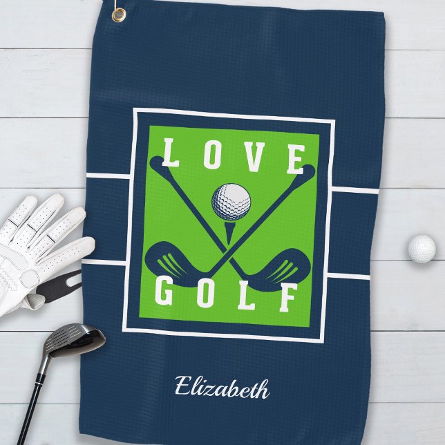 Modern Monogram Golfer Blue Green Sports Design Golf Towel (Classic Golfer Golf Modern Monogram Crossed Clubs Ball Pro Blue Green Golf Towel For Him or For Her)