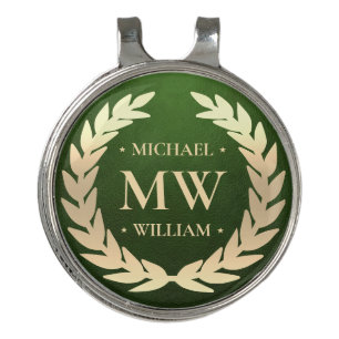 Modern Monogram Golfer Name Gold Green Leather Golf Hat Clip