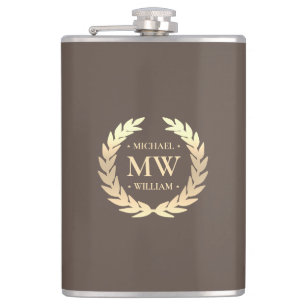 Modern Monogram Golfer Name Initials Brown Gold Flask