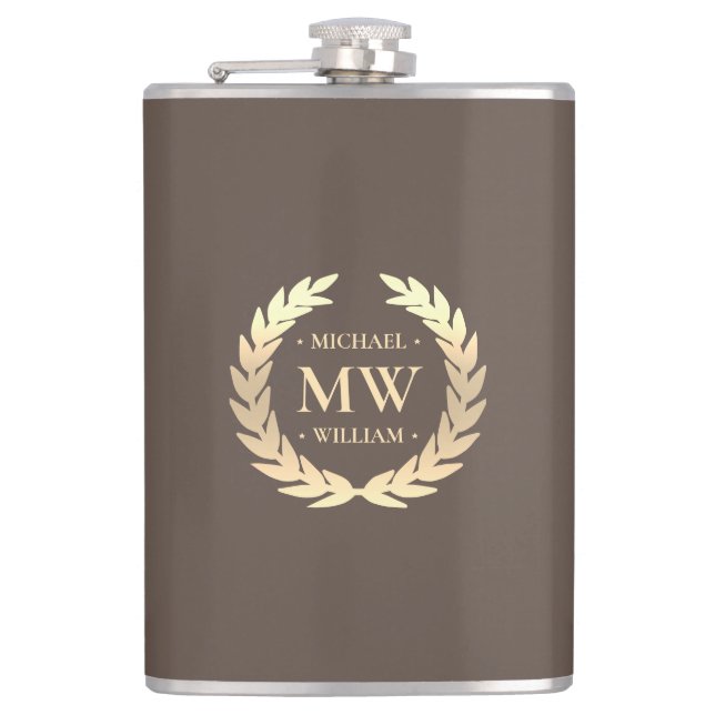 Modern Monogram Golfer Name Initials Brown Gold  Flask (Front)