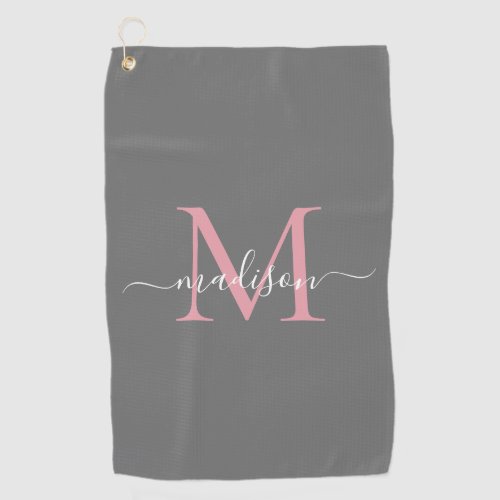 Modern Monogram Gray Blush Pink Girly Chic Script Golf Towel