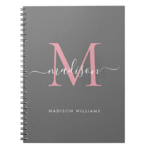 Modern Monogram Gray Blush Pink Girly Script Name Notebook