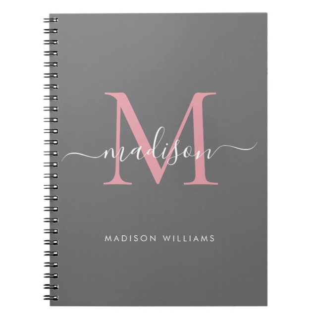 Modern Monogram Gray Blush Pink Girly Script Name Notebook (Front)