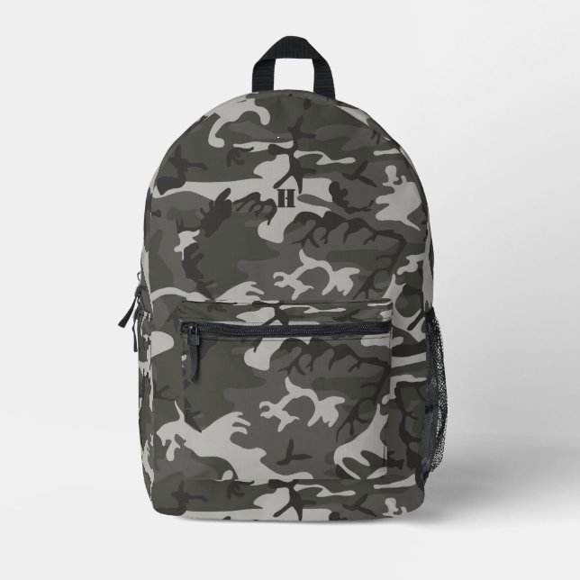 Modern Monogram Gray Camouflage Camo Pattern Printed Backpack (Front)