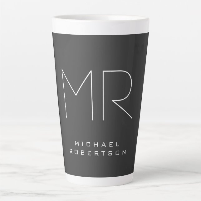 Modern Monogram Gray White Minimalist Latte Mug (Front)