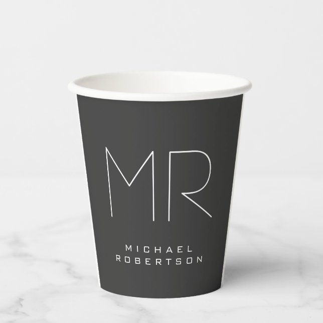 Modern Monogram Gray White Minimalist Paper Cups (Front)