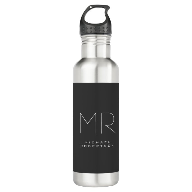 Modern Monogram Gray White Minimalist Stainless Steel Water Bottle (Front)