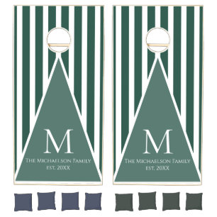 Modern Monogram Green and White Stripes Cornhole Set