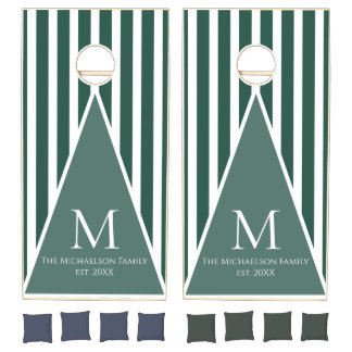 Modern Monogram Green and White Stripes Cornhole Set