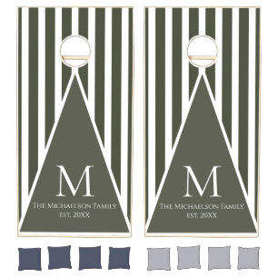 Modern Monogram Green and White Stripes Cornhole Set