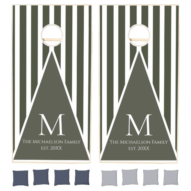 Modern Monogram Green and White Stripes Cornhole Set (Set)