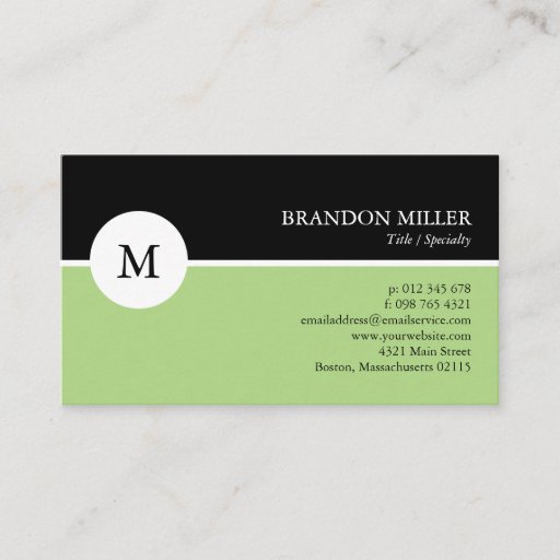 Customizable Modern Monogram Green &amp; Black One Sided Business Card