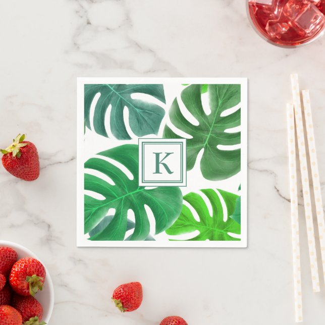 Modern Monogram Green Botanical Palm Leaves  Napkins (Insitu)
