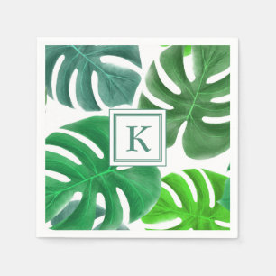 Modern Monogram Green Botanical Palm Leaves Napkins
