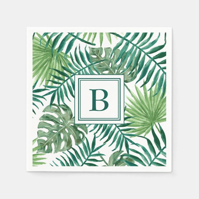 Modern Monogram Green Botanical Palm Leaves Napkins (Front)