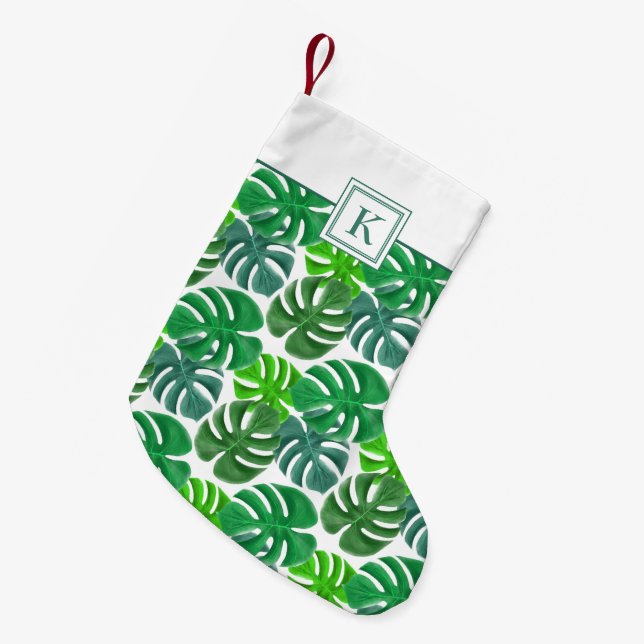 Modern Monogram Green Botanical Palm Leaves  Small Christmas Stocking (Front (Hanging))