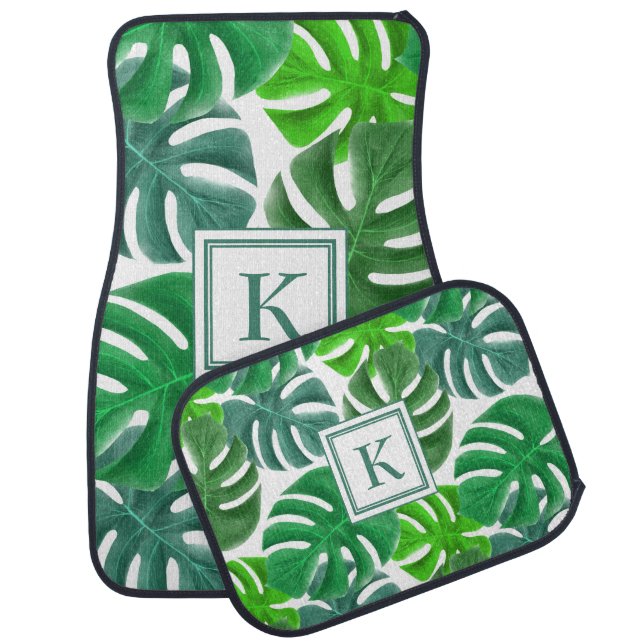 Modern Monogram Green Botanical Pattern Car Floor Mat (Set)