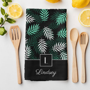 Modern Monogram Green Botanical Pattern Kitchen Towel