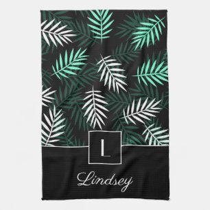 Modern Monogram Green Botanical Pattern Kitchen Towel