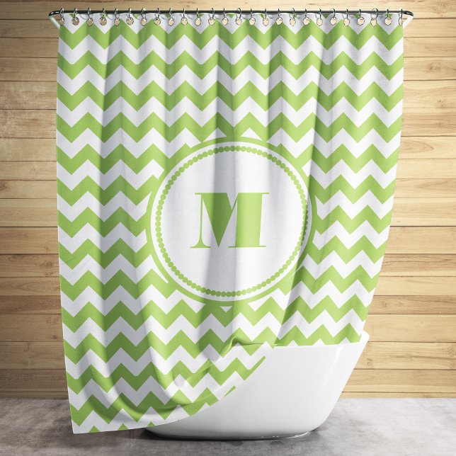 Modern Monogram Green Chevron Stripes Shower Curtain (Modern Monogram Green Chevron Stripes Shower Curtain)